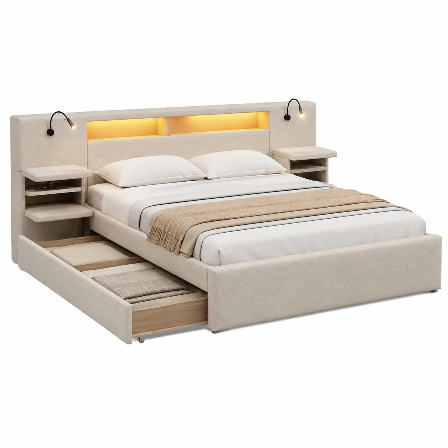 Doppelbett mit Stauraum und LED-Kopfteilbeleuchtung Beige