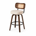 Holzhocker mit Rattan und Polyesterbezug, Walnussbraun/Beige