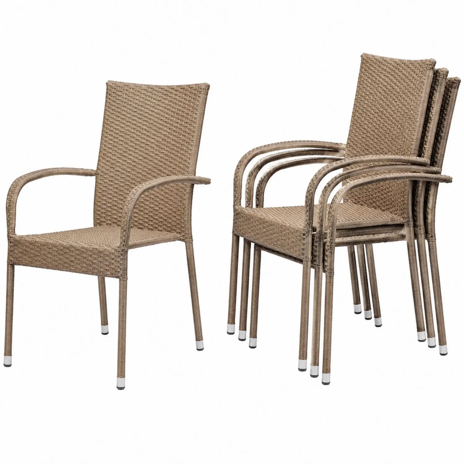 4er Set Stapelbare Gartenstühle aus Rattan und Stahl Braun