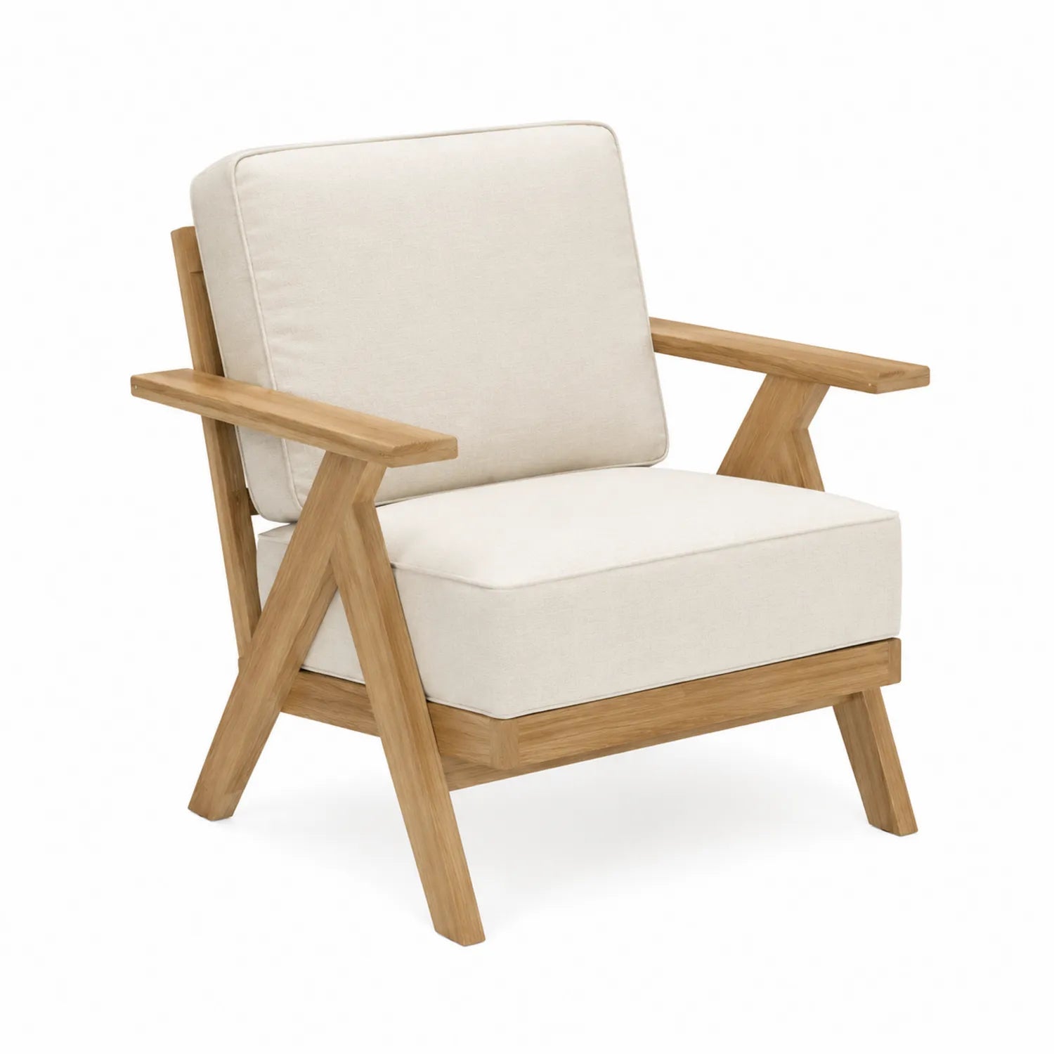 Teakholz-Sessel mit Baumwollkissen, Beige