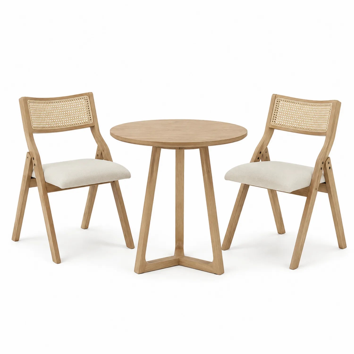 Essgruppe aus Eichenholz mit rundem Tisch und 2 Stühlen, Beige