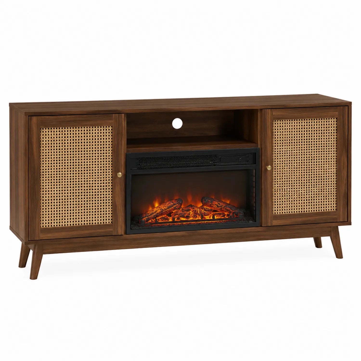 TV-Schrank mit Elektrokamin aus MDF und Rattan Braun