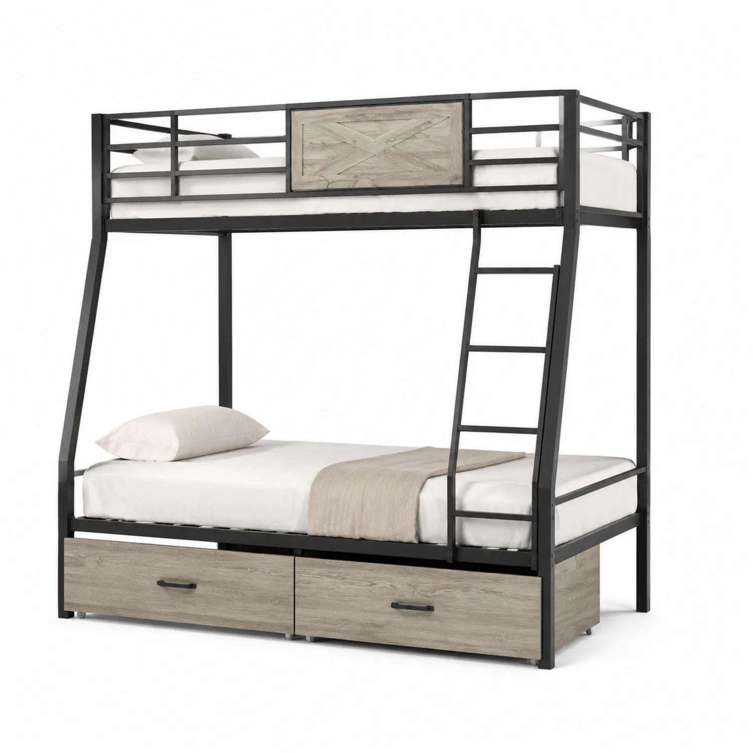 Etagenbett Metall Holz Schwarz/Eiche mit Leiter und Schubladen
