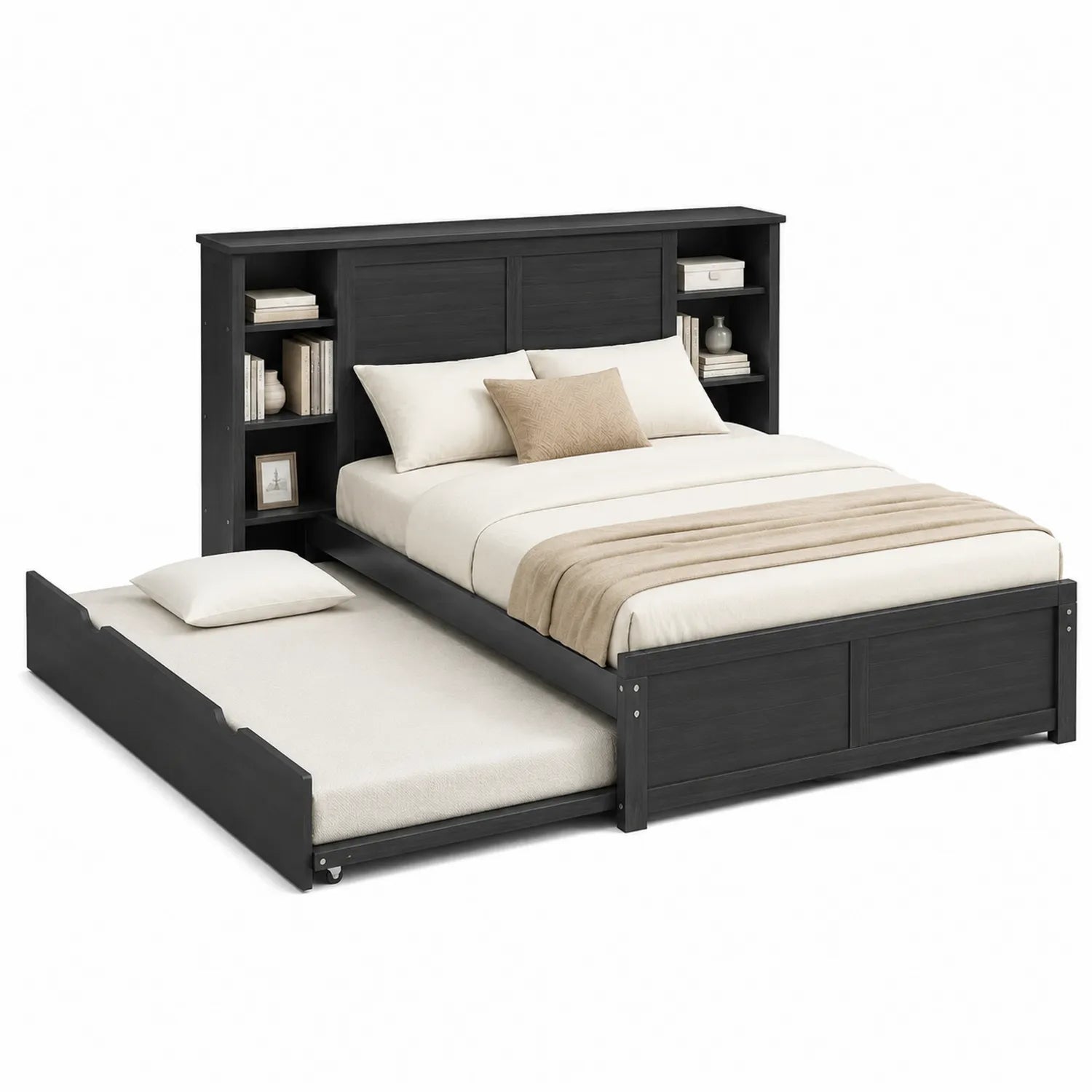 Doppelbett mit Regal-Kopfteil und ausziehbarem Bett Holz Anthrazit