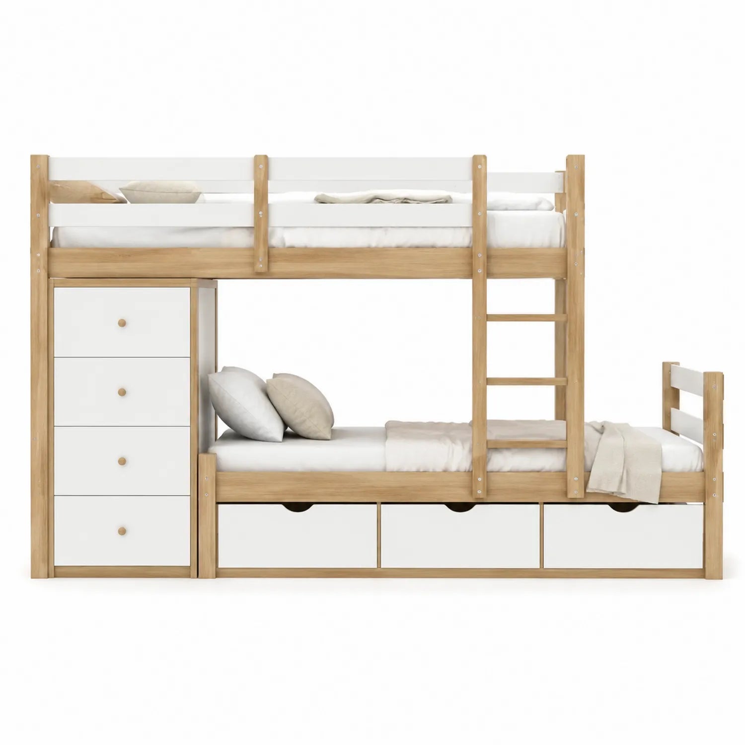 Etagenbett Holz Weiß mit Schubladen und Schrank