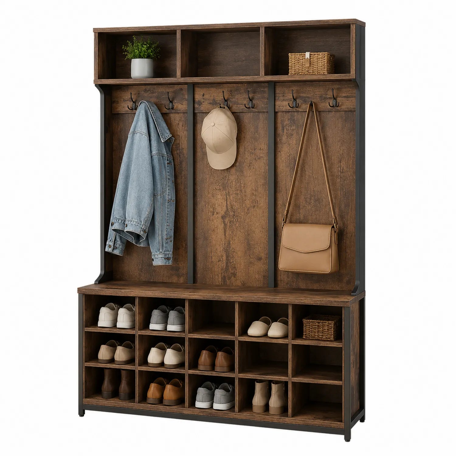 Garderobenständer aus Holz Braun mit Haken und Schuhregal