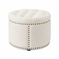 Runder Hocker mit Bouclé-Stoff und Metallnieten, Creme, Ø40 cm