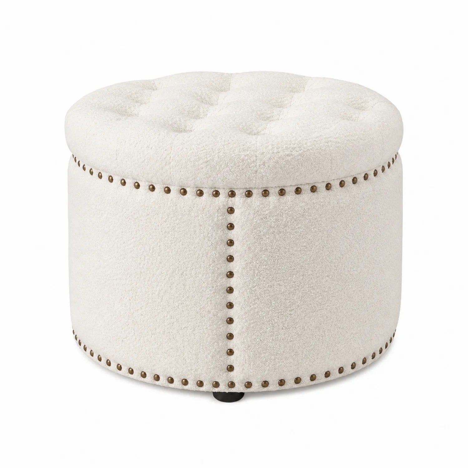 Runder Hocker mit Bouclé-Stoff und Metallnieten, Creme, Ø40 cm