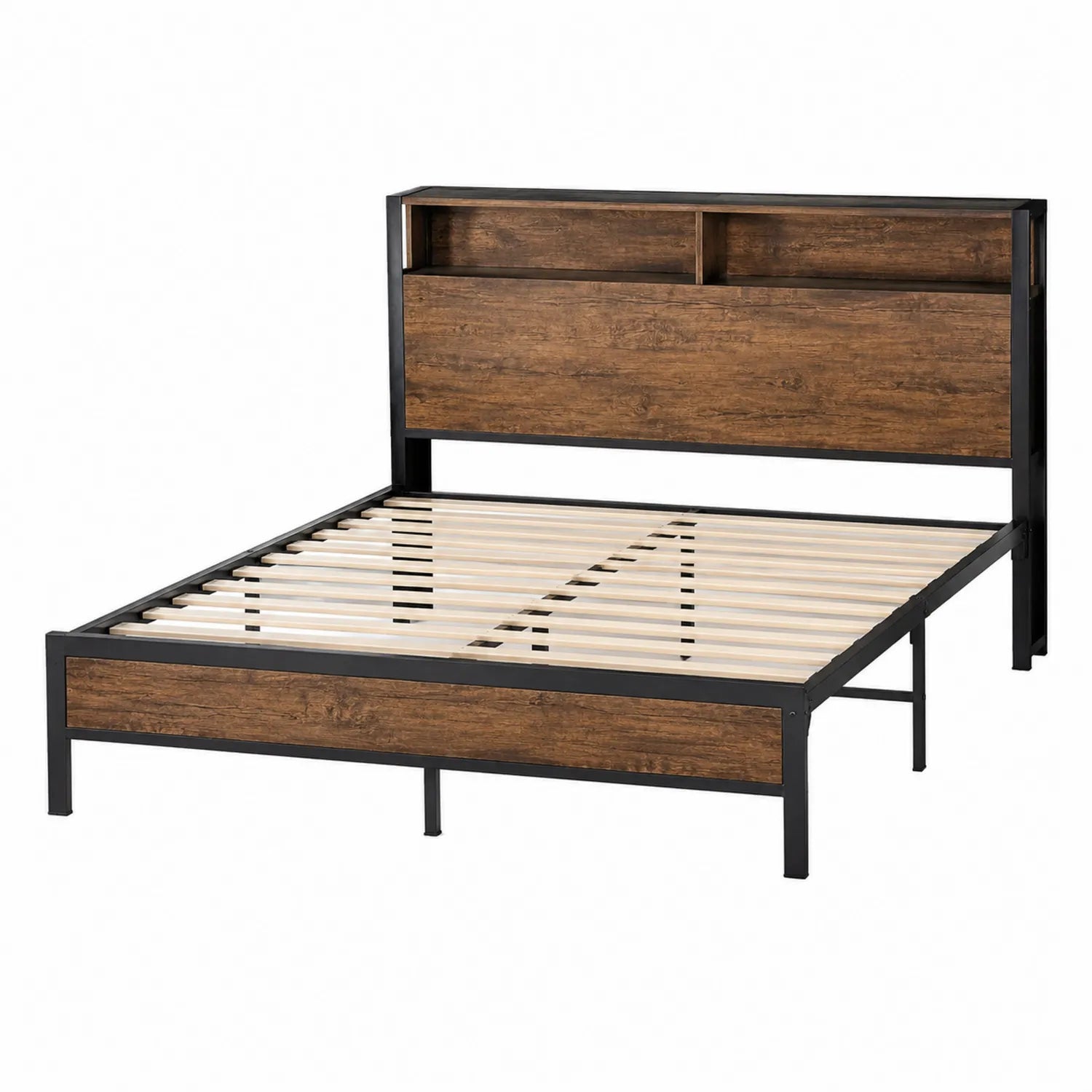 Bettgestell aus Metall und MDF mit Holzfurnier Braun/Schwarz 200x140cm mit Kopfteilregal
