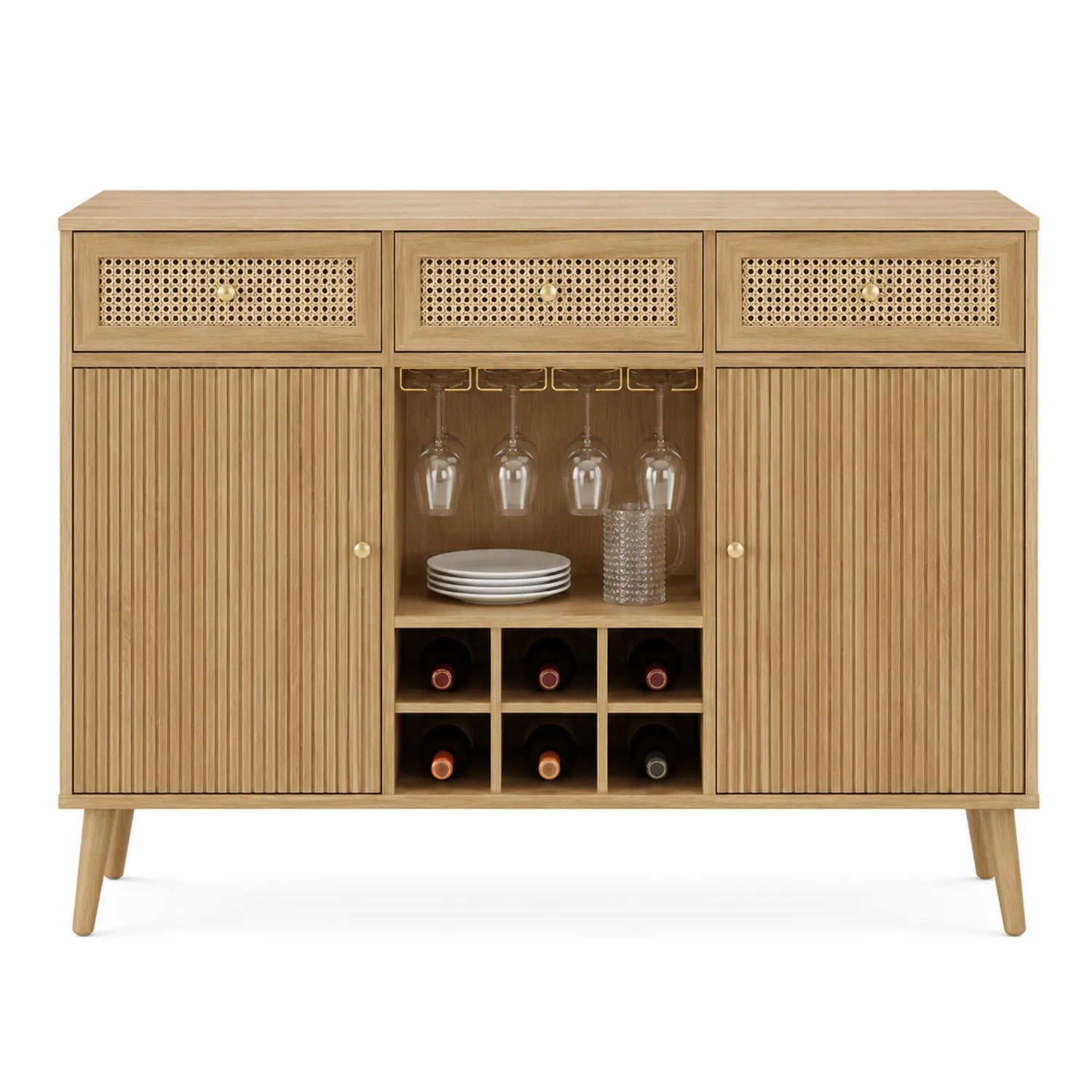 Sideboard aus Eiche Massivholz mit Rattan, 120x40x85 cm