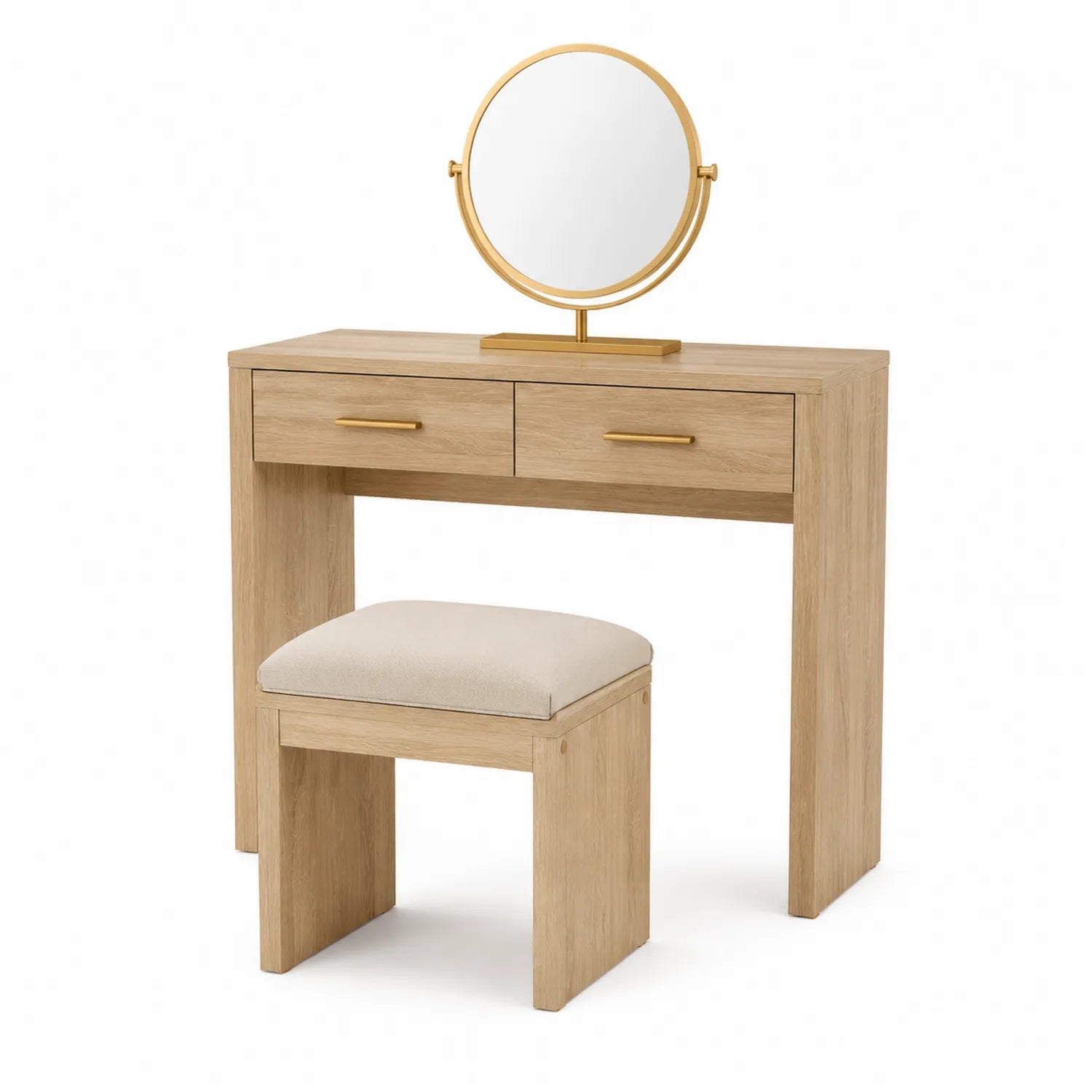Frisiertisch-Set aus Eiche mit Spiegel und Stoffhocker, Eiche Natur, Beige