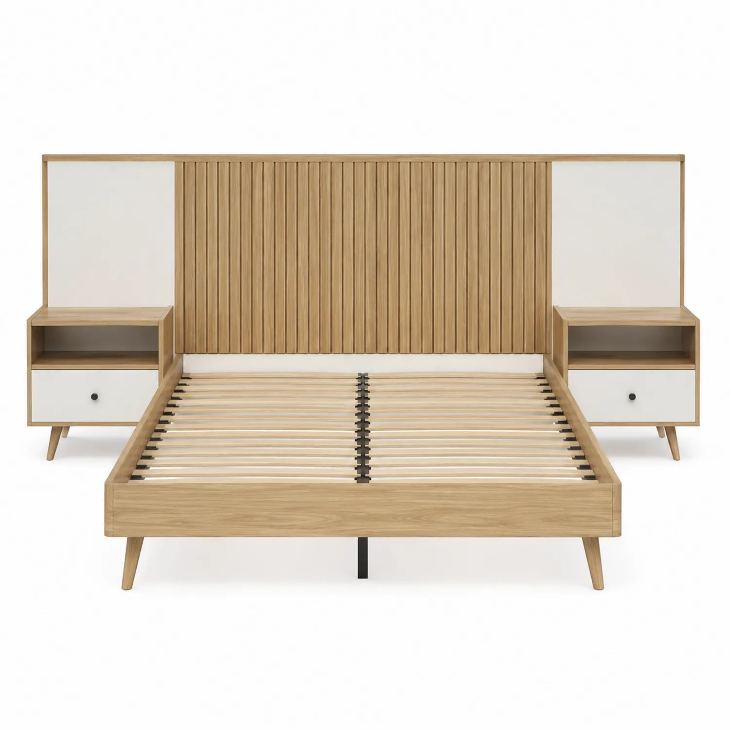 Holzbett mit Nachttischen Eiche Massivholz und MDF Weiß 200x160 cm