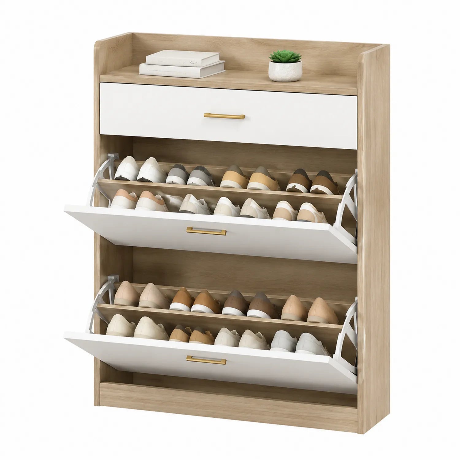 Schuhschrank Spanplatte Weiß Eiche mit 3 Klappen