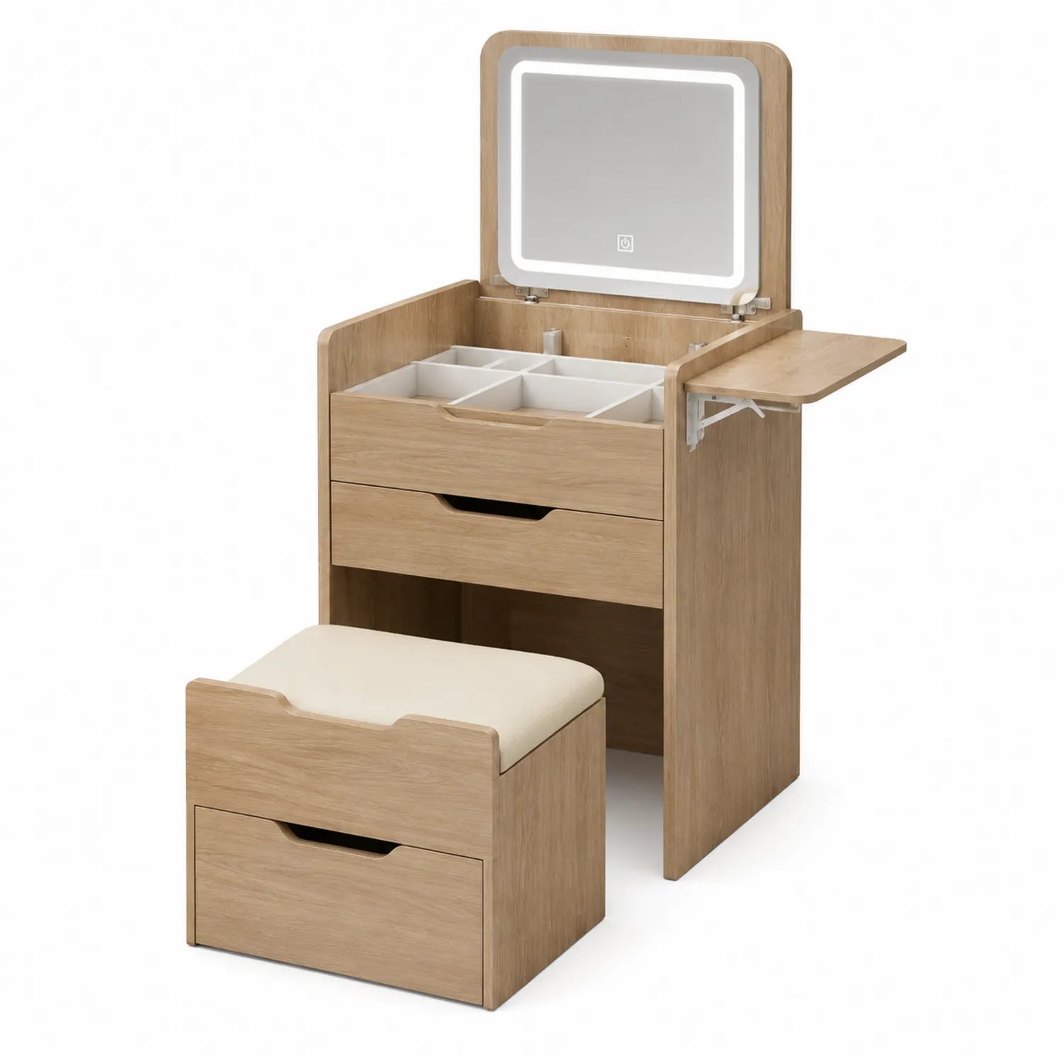 Schminktisch Set mit LED-Spiegel und Hocker aus Holz
