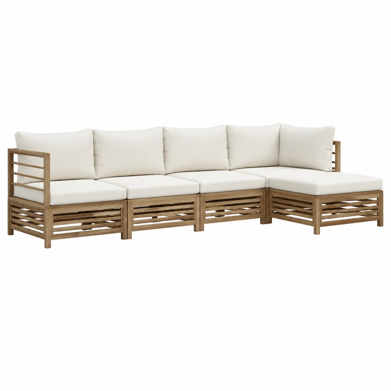 Ecksofa Set aus Akazienholz mit Creme Kissen, 330x70x65 cm