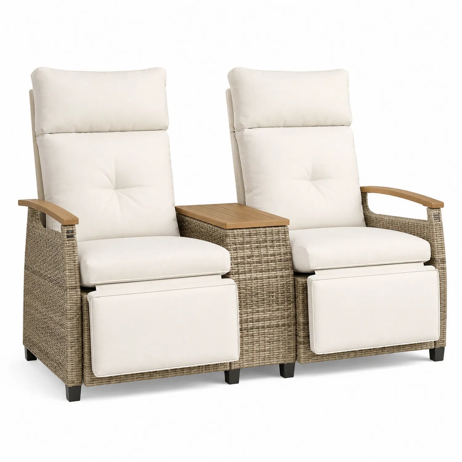2er Set Rattan Gartenliegen mit Beistelltisch