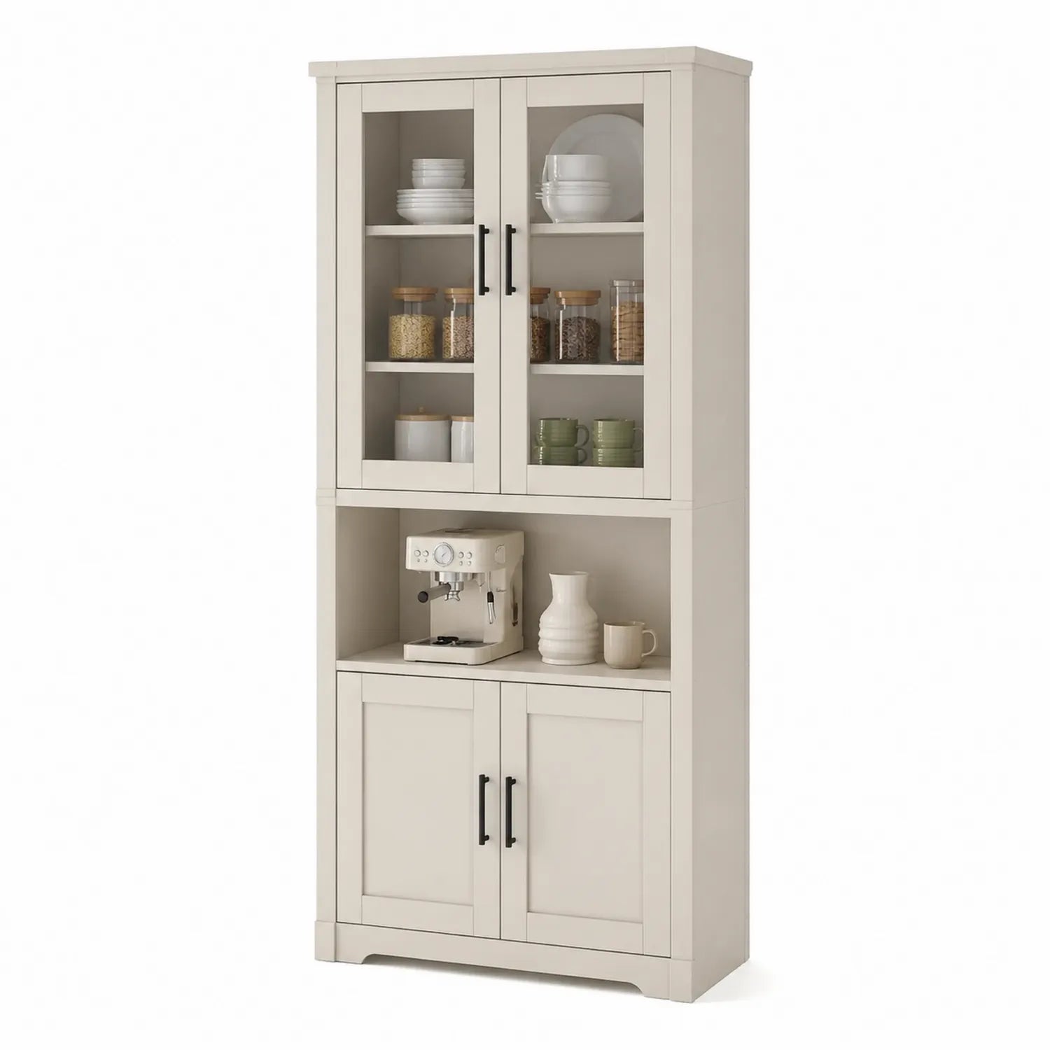 Hochschrank aus MDF mit Glastüren in Beige