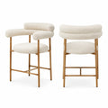 Barhocker Set aus Bouclé und Holz, Creme