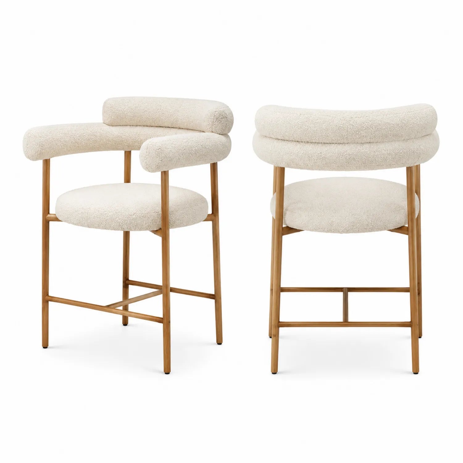 Barhocker Set aus Bouclé und Holz, Creme
