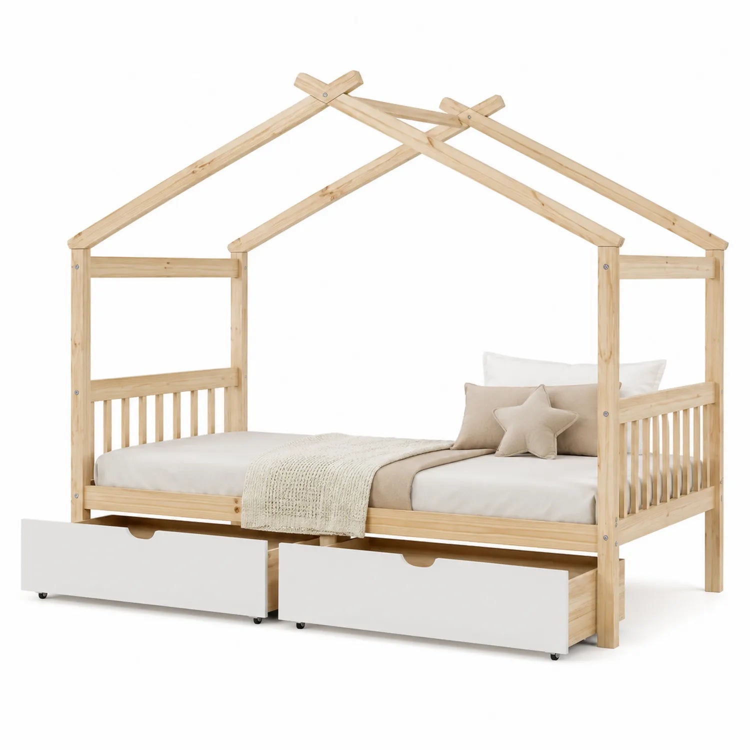 Kinderhausbett aus Kiefernholz mit Schubladen 90x200 cm